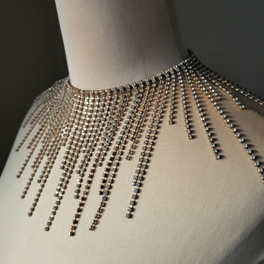 Sparkly Gold & Crystal Tassel Fringe Statement Choker Necklace - Picture 6 of 10